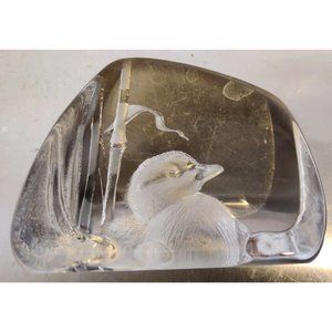 Mats Jonasson Sweden Etched Crystal Art Glass Paperweight Mallard Bamboo Signed